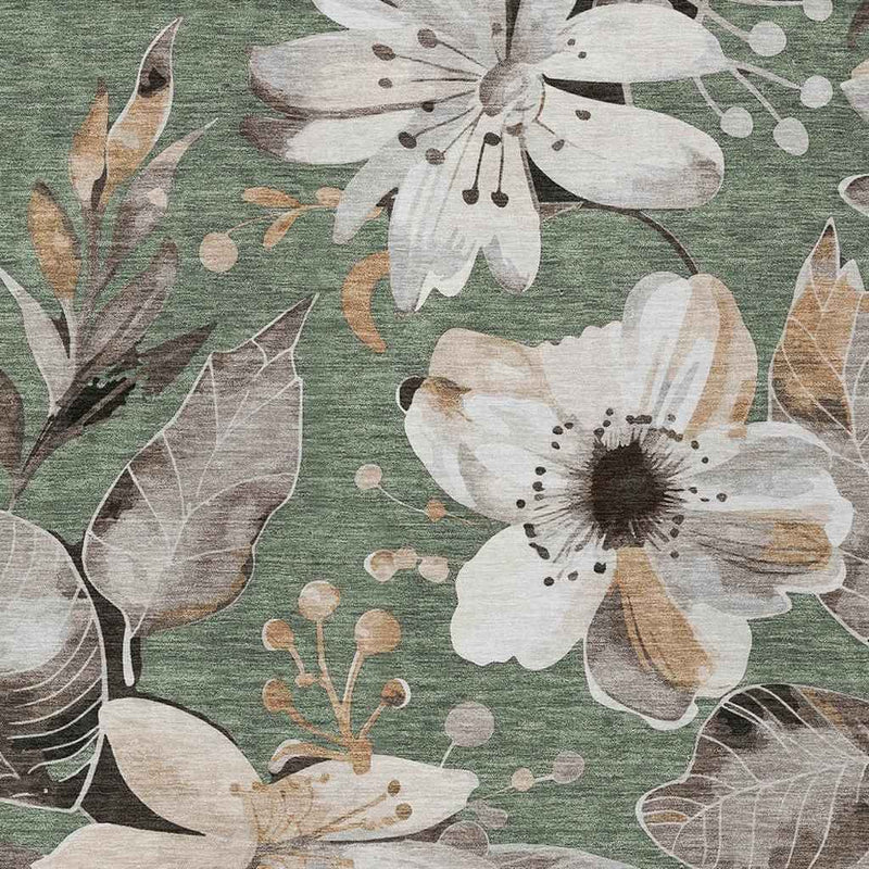 9' X 12' Sage Ivory And Charcoal Floral Washable Indoor Outdoor Area Rug