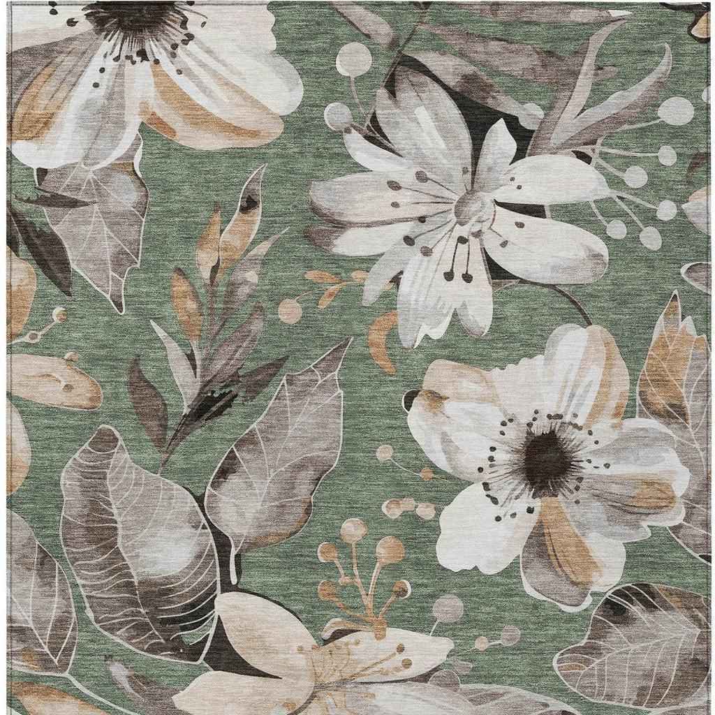 9' X 12' Sage Ivory And Charcoal Floral Washable Indoor Outdoor Area Rug