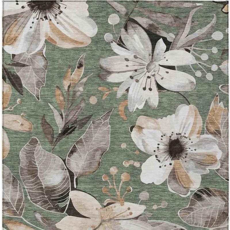9' X 12' Sage Ivory And Charcoal Floral Washable Indoor Outdoor Area Rug