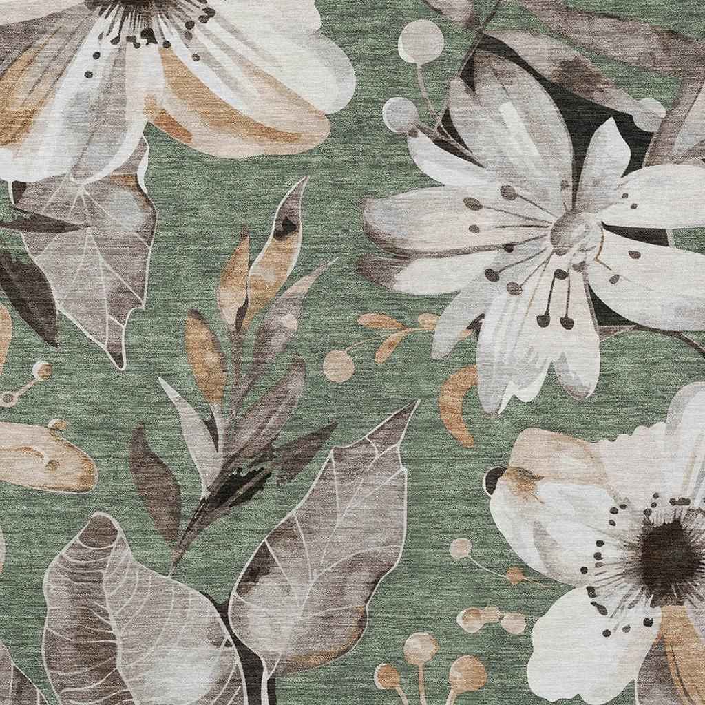 9' X 12' Sage Ivory And Charcoal Floral Washable Indoor Outdoor Area Rug