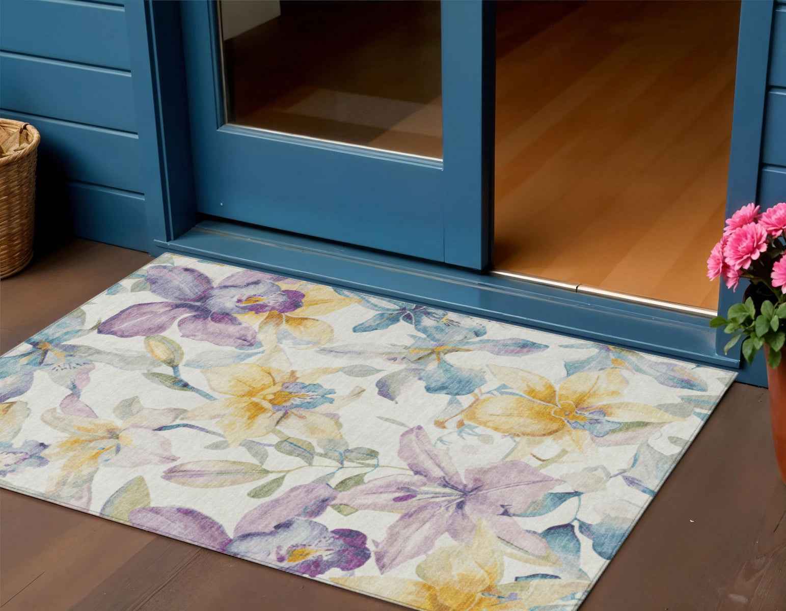 3' X 5' Ivory Gold And Lavender Floral Washable Indoor Outdoor Area Rug