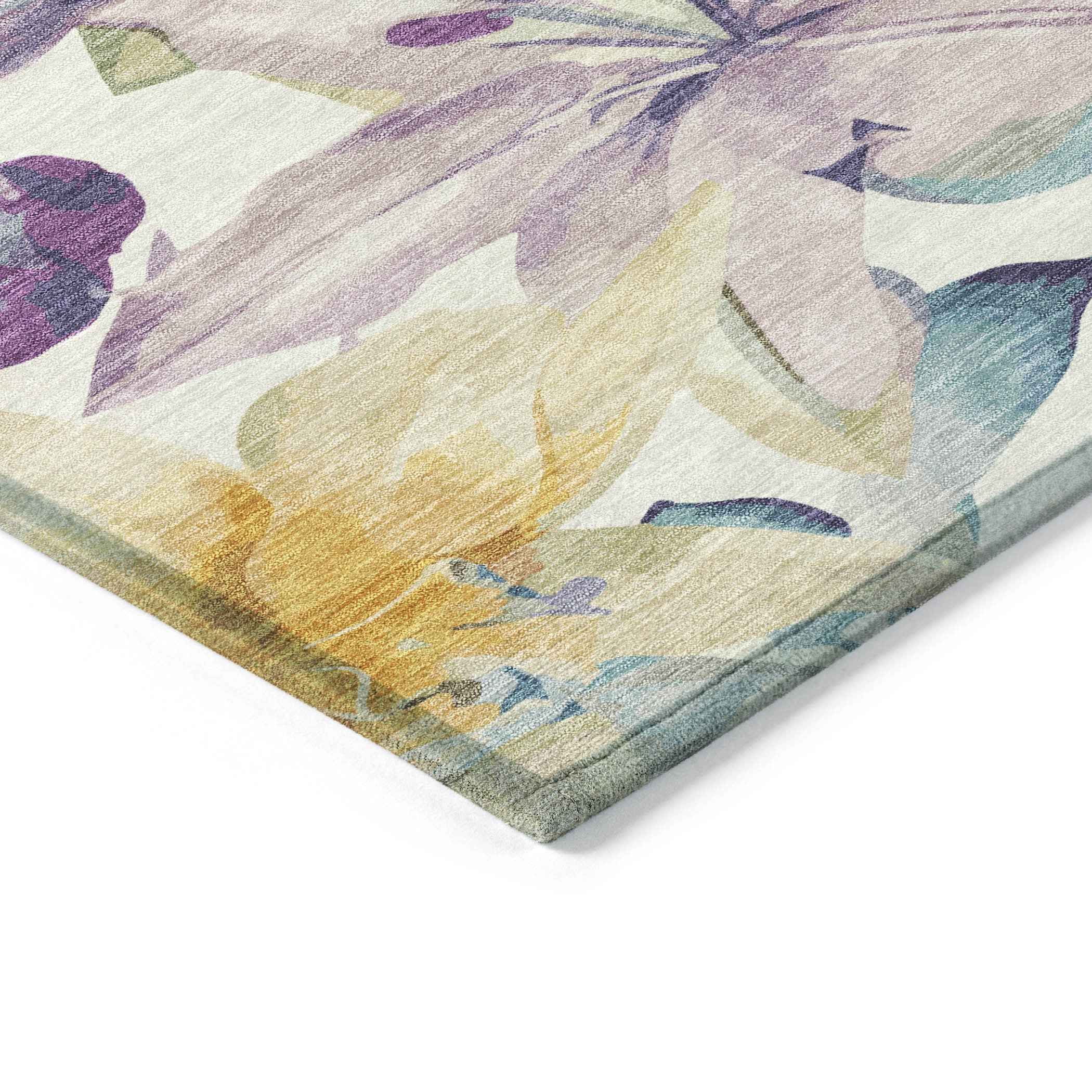 3' X 5' Ivory Gold And Lavender Floral Washable Indoor Outdoor Area Rug