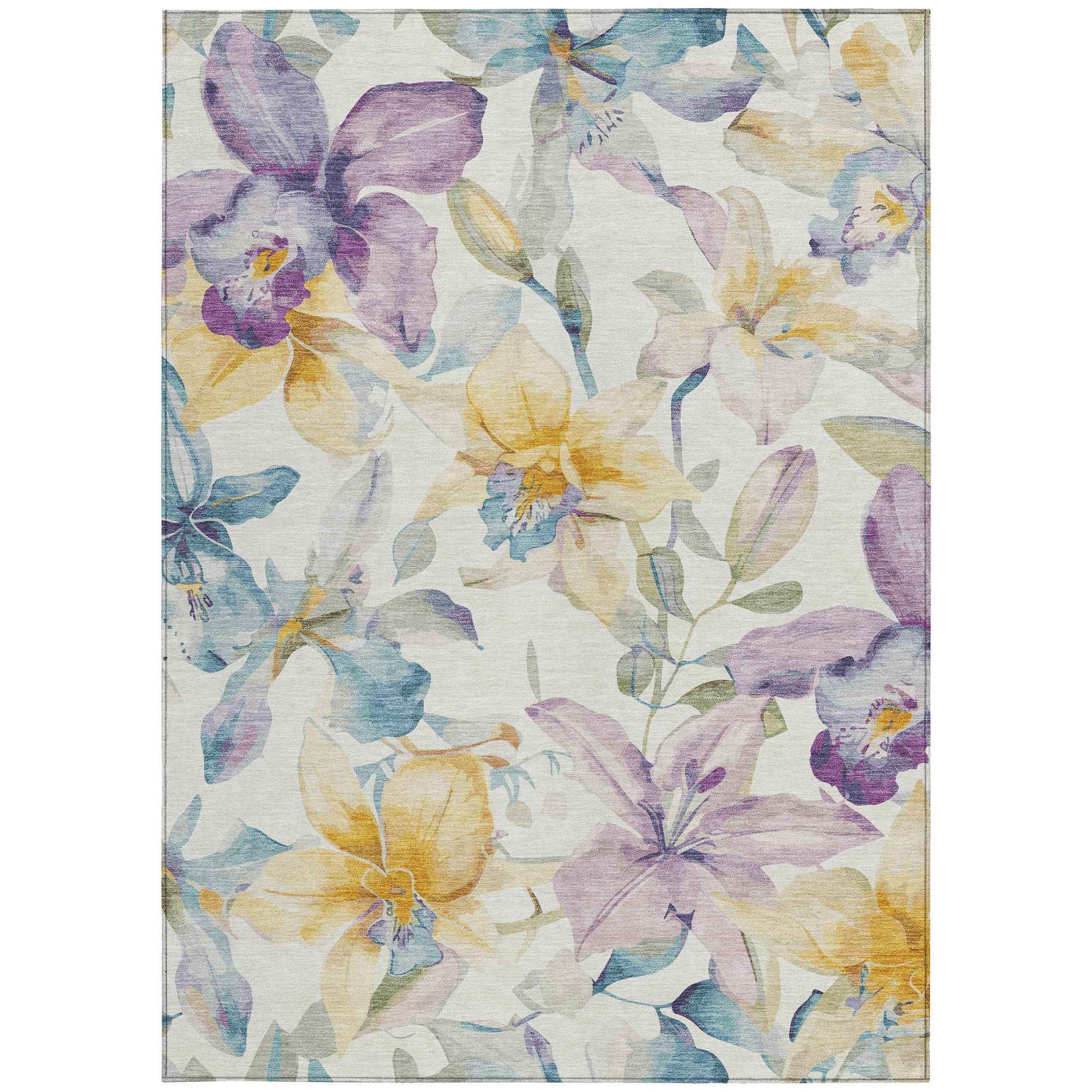 3' X 5' Ivory Gold And Lavender Floral Washable Indoor Outdoor Area Rug