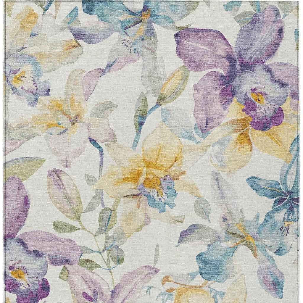 3' X 5' Ivory Gold And Lavender Floral Washable Indoor Outdoor Area Rug