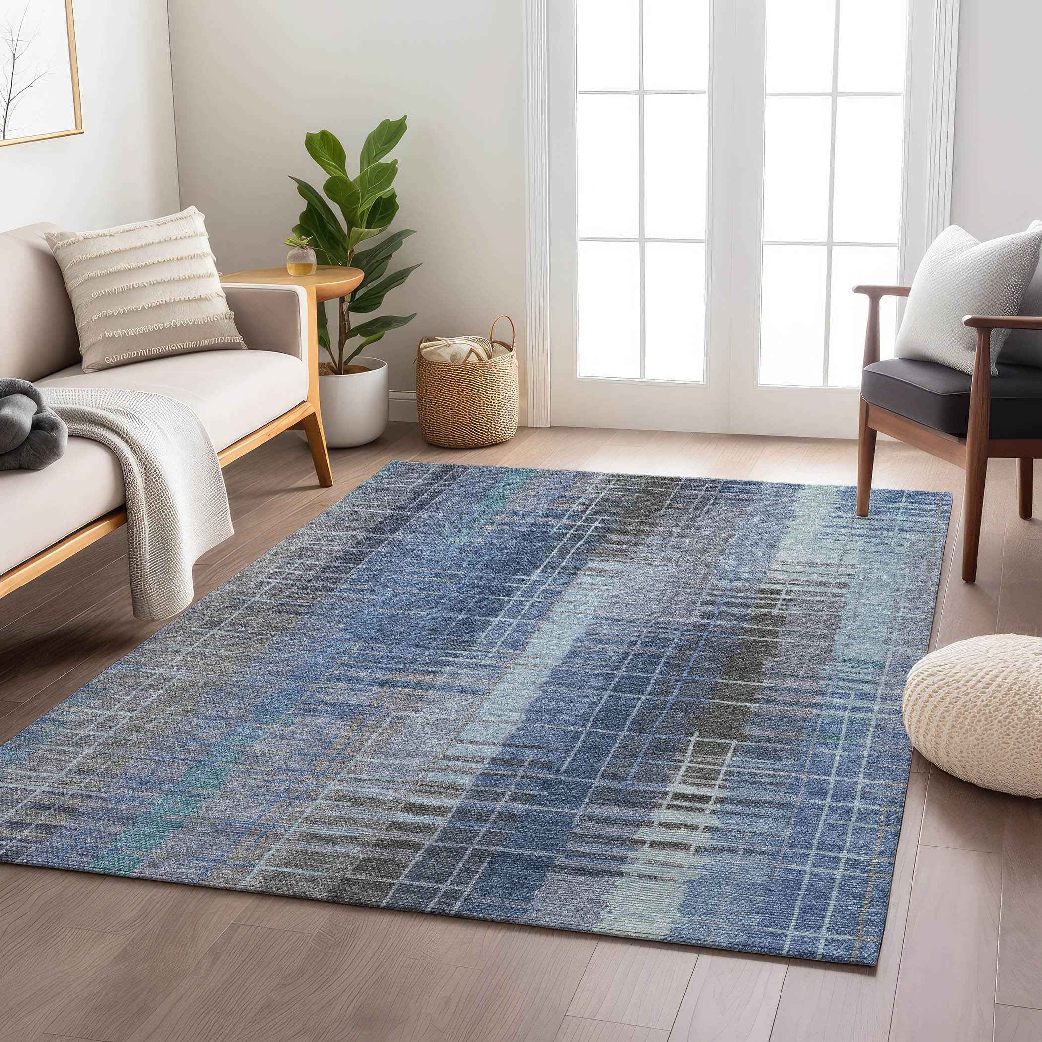 3' X 5' Denim Blue And Sky Blue Striped Washable Indoor Outdoor Area Rug