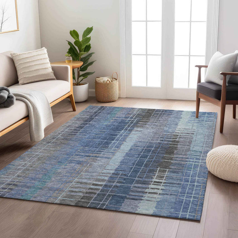 3' X 5' Denim Blue And Sky Blue Striped Washable Indoor Outdoor Area Rug