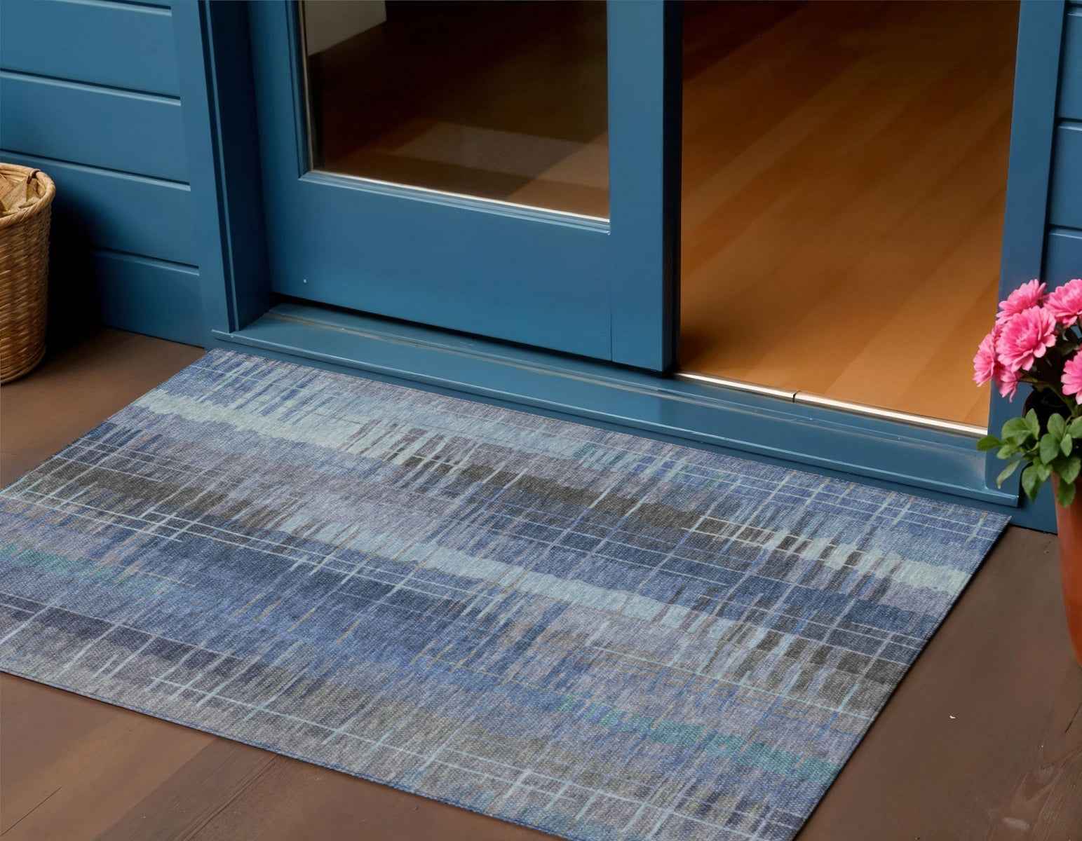 3' X 5' Denim Blue And Sky Blue Striped Washable Indoor Outdoor Area Rug