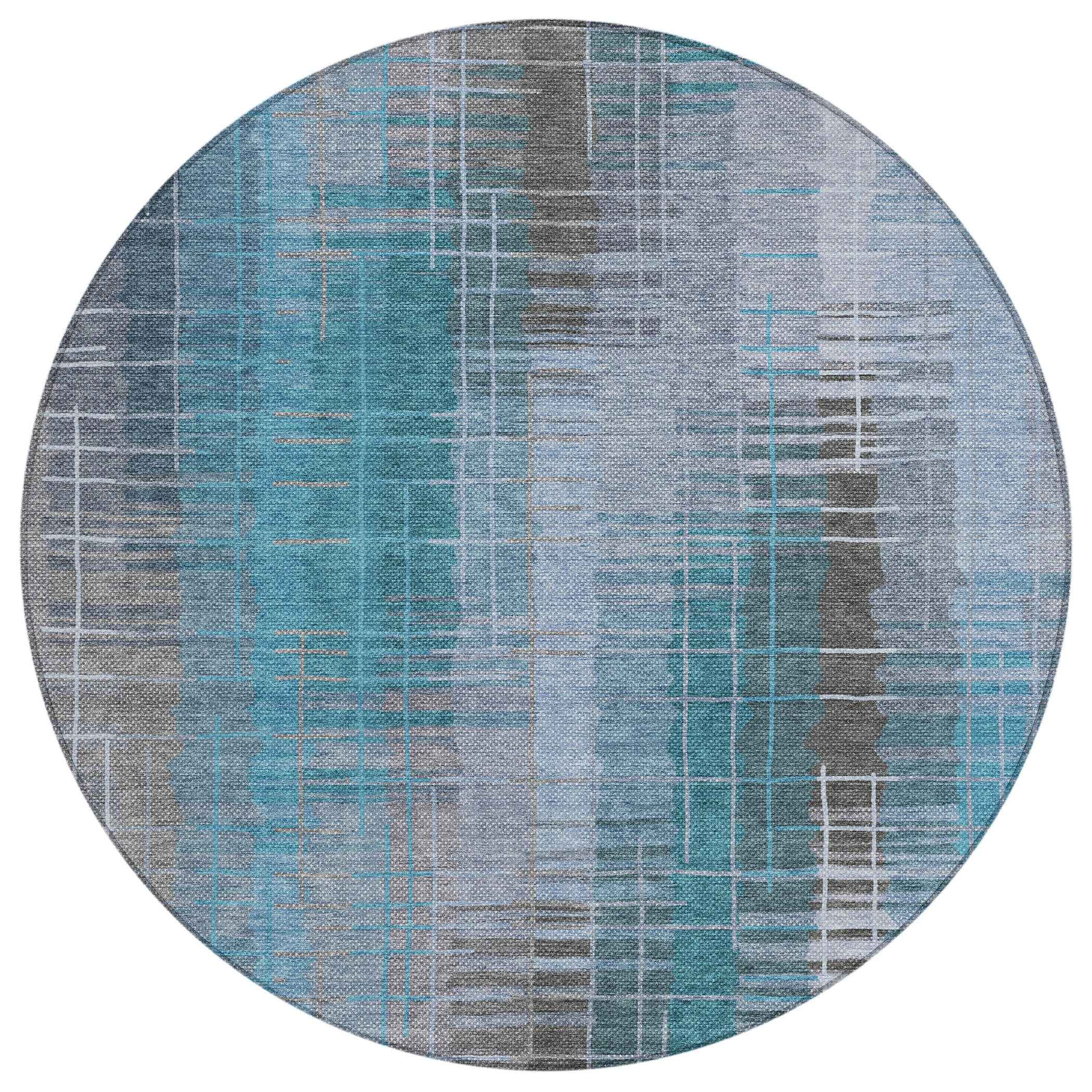8' Teal Blue And Gray Round Striped Washable Indoor Outdoor Area Rug