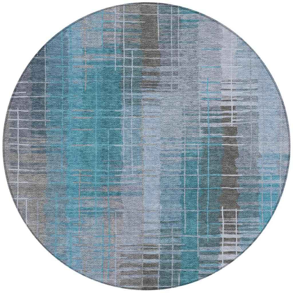 8' Teal Blue And Gray Round Striped Washable Indoor Outdoor Area Rug