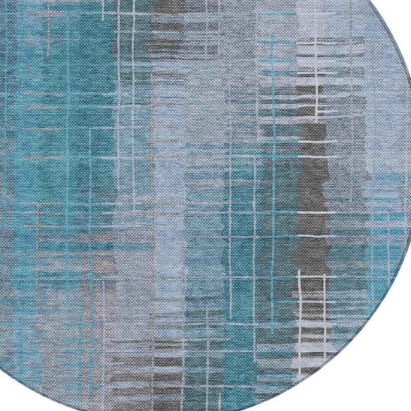 8' Teal Blue And Gray Round Striped Washable Indoor Outdoor Area Rug