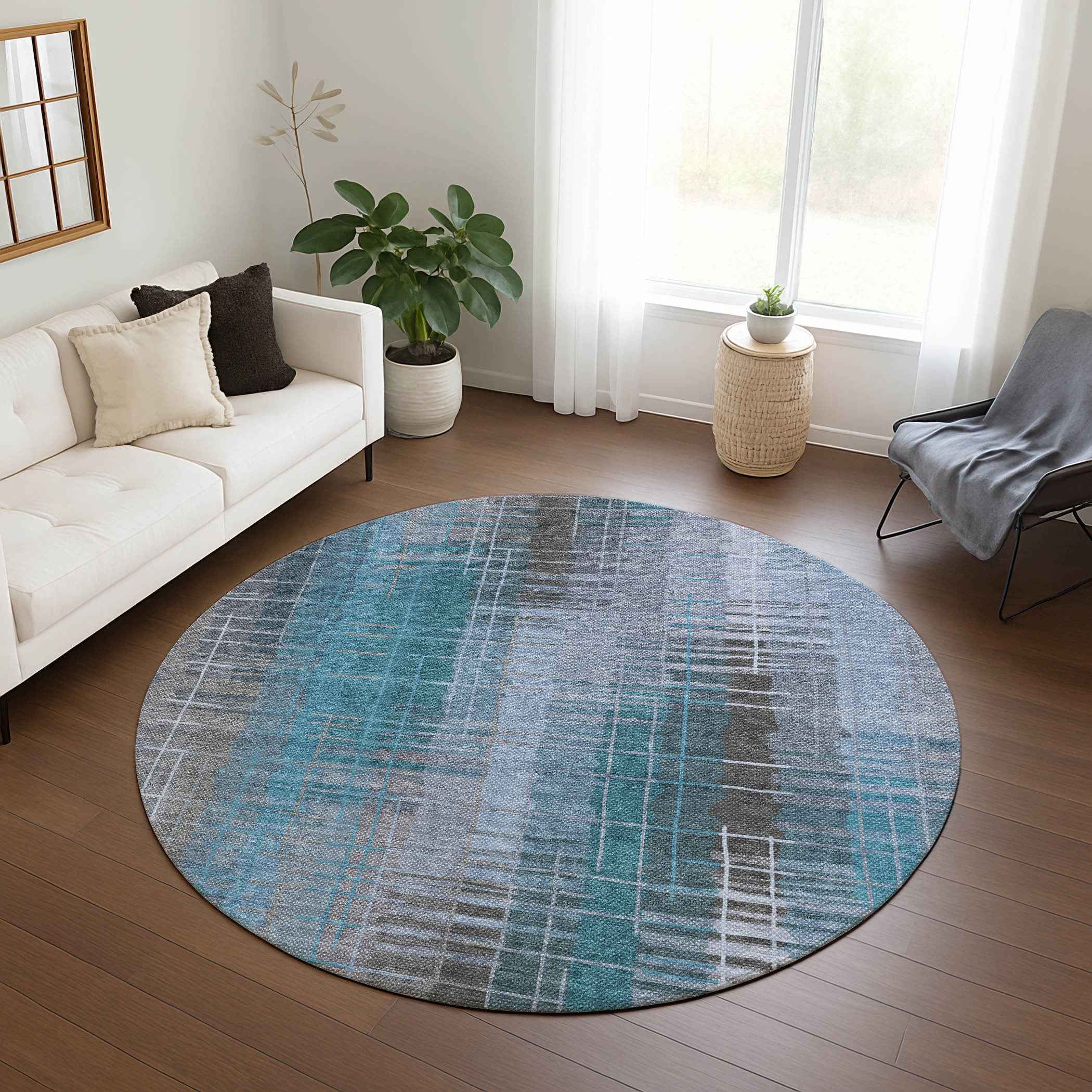 8' Teal Blue And Gray Round Striped Washable Indoor Outdoor Area Rug