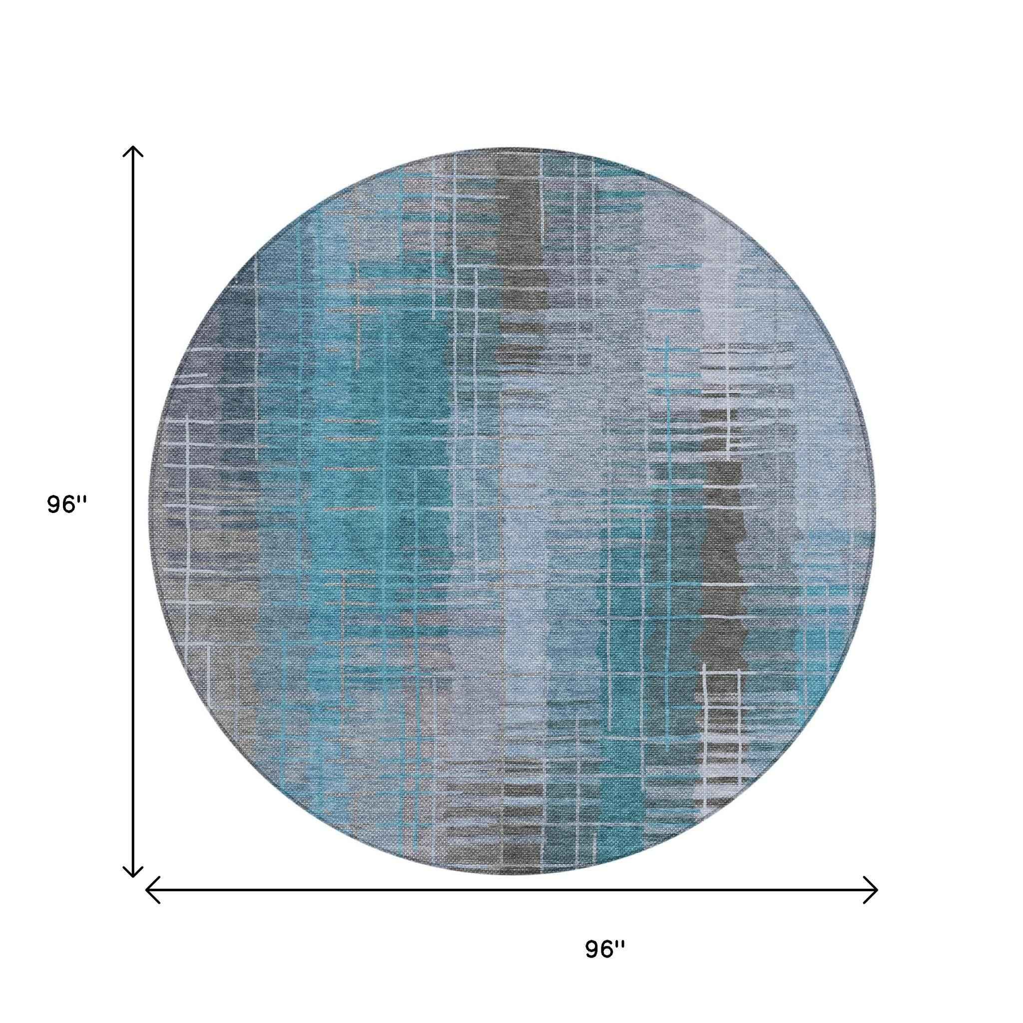 8' Teal Blue And Gray Round Striped Washable Indoor Outdoor Area Rug