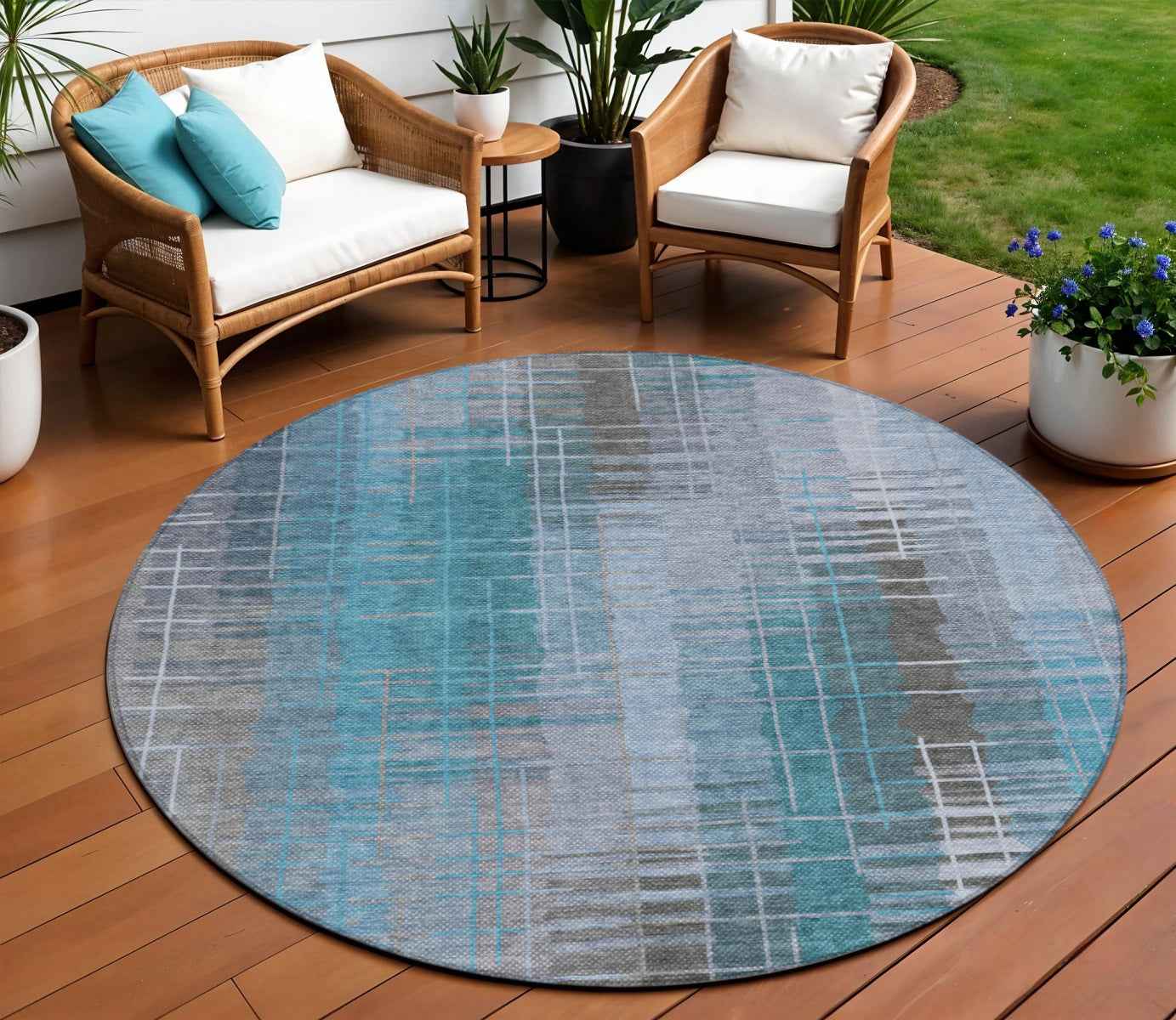 8' Teal Blue And Gray Round Striped Washable Indoor Outdoor Area Rug