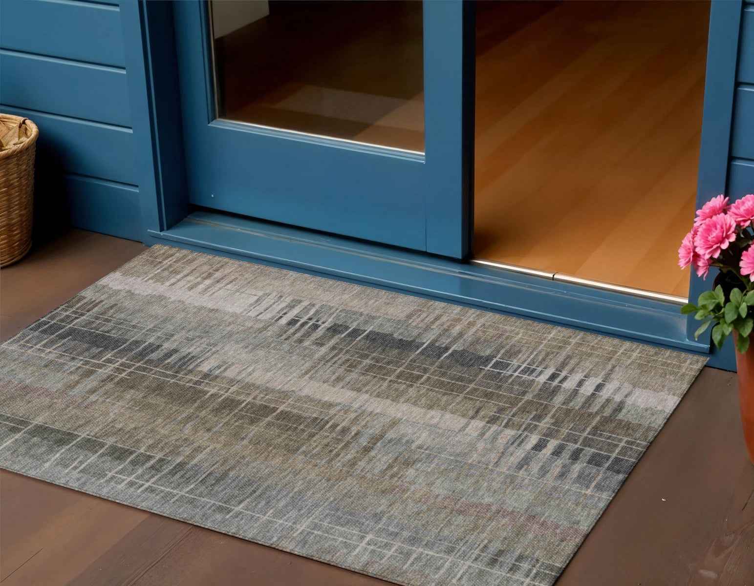 3' X 5' Brown And Gray Striped Washable Indoor Outdoor Area Rug