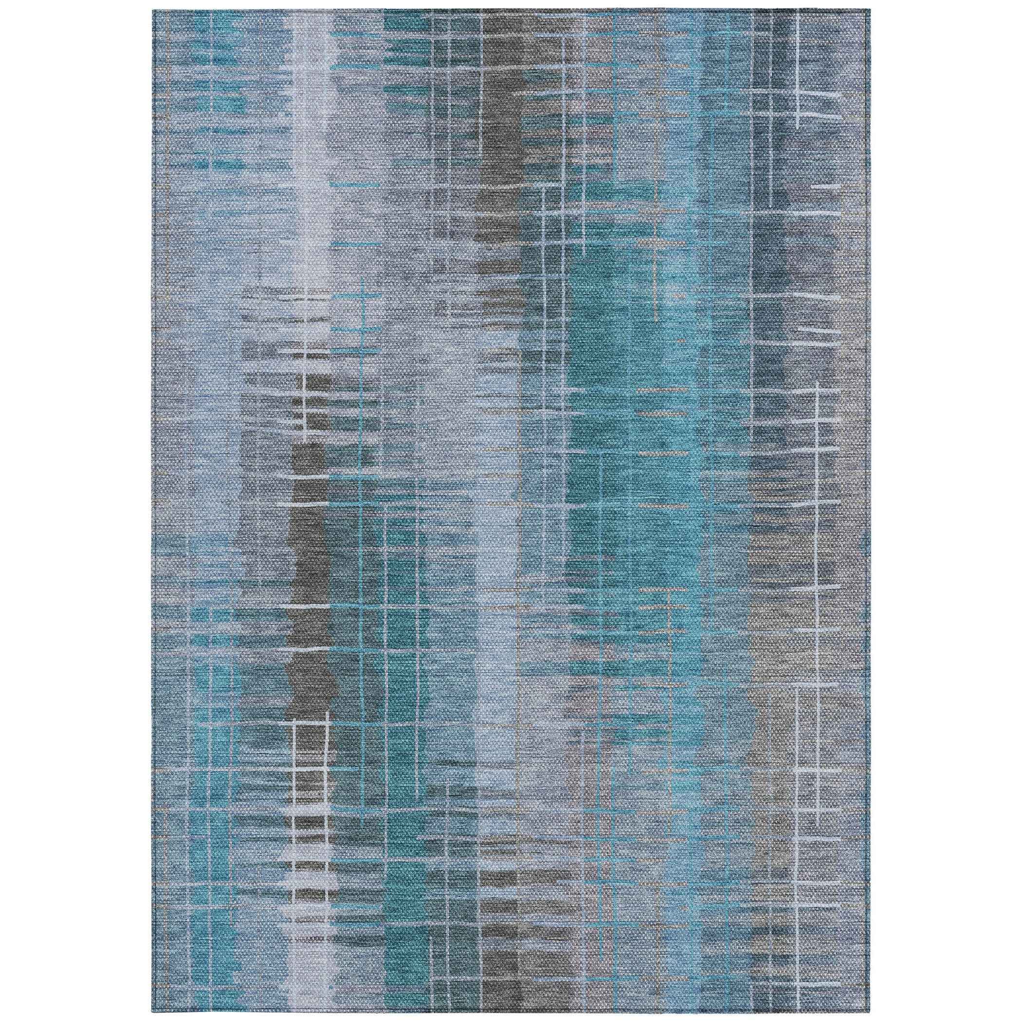 8' X 10' Teal Blue And Gray Striped Washable Indoor Outdoor Area Rug