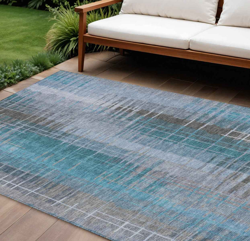 8' X 10' Teal Blue And Gray Striped Washable Indoor Outdoor Area Rug