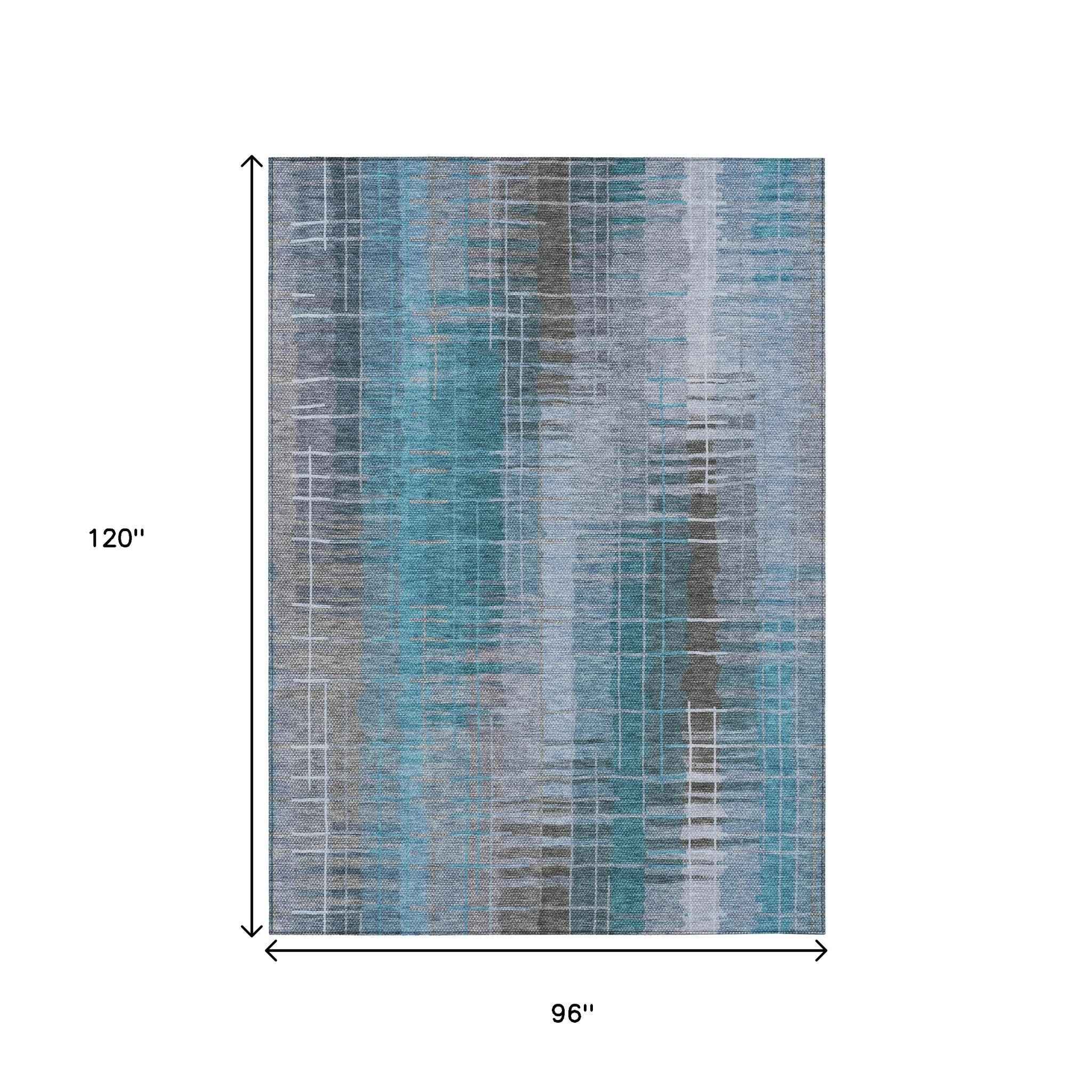 8' X 10' Teal Blue And Gray Striped Washable Indoor Outdoor Area Rug