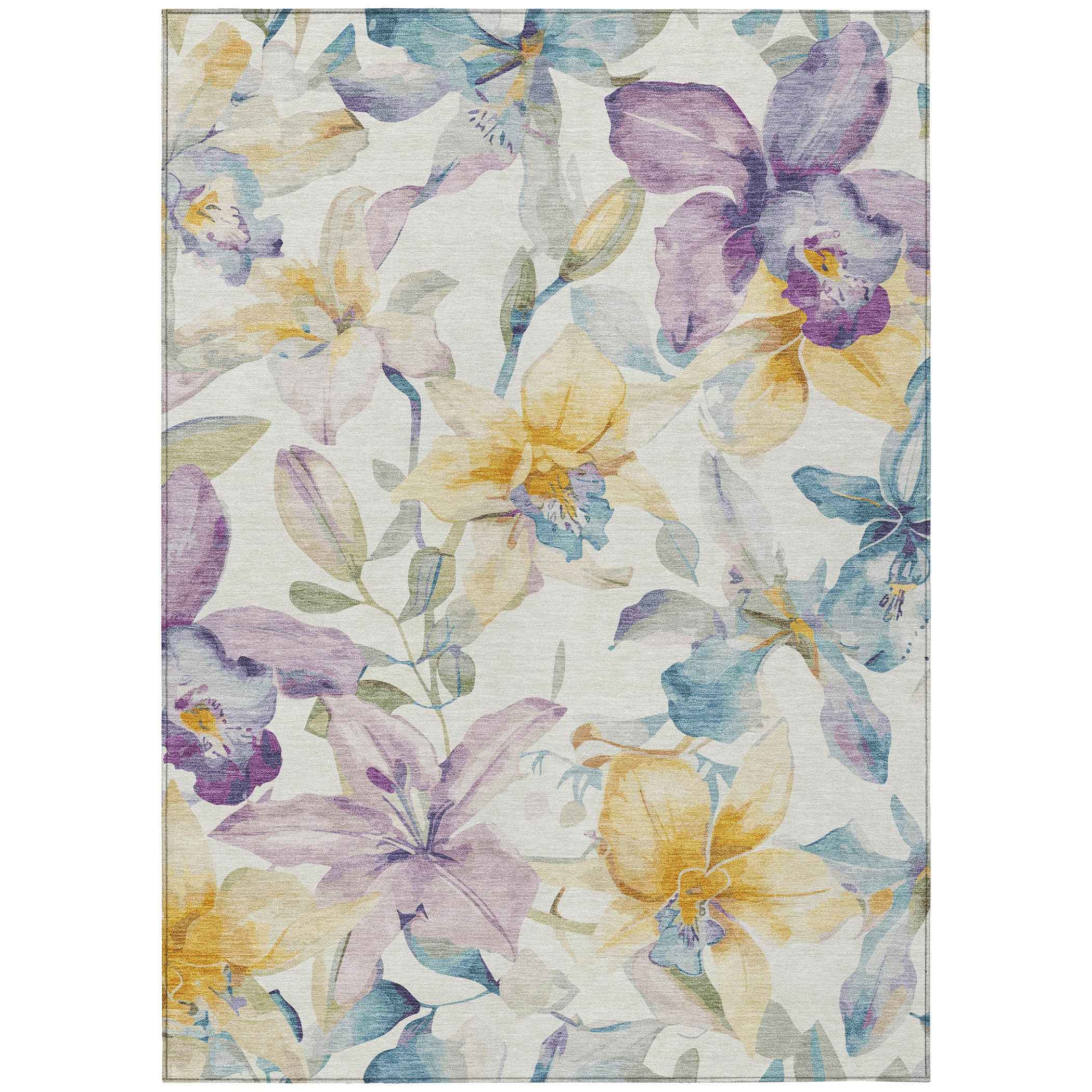 5' X 8' Ivory Gold And Lavender Floral Washable Indoor Outdoor Area Rug