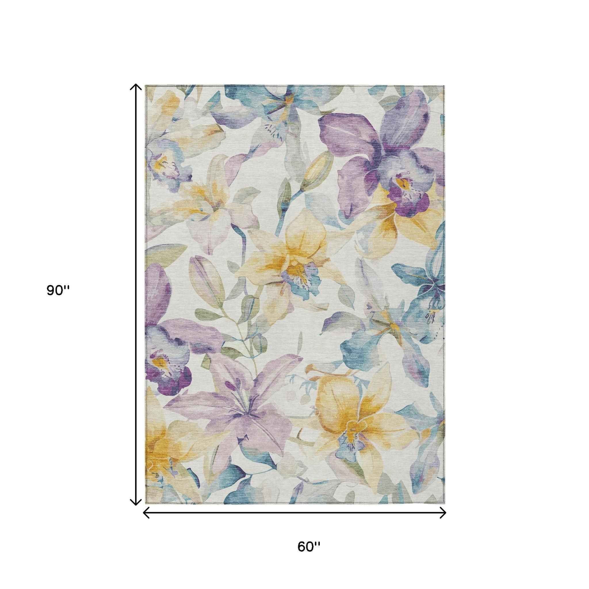 5' X 8' Ivory Gold And Lavender Floral Washable Indoor Outdoor Area Rug