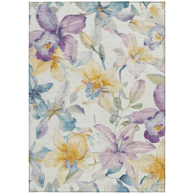 5' X 8' Ivory Gold And Lavender Floral Washable Indoor Outdoor Area Rug