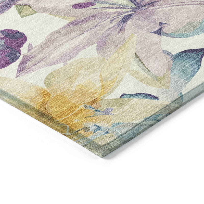 5' X 8' Ivory Gold And Lavender Floral Washable Indoor Outdoor Area Rug