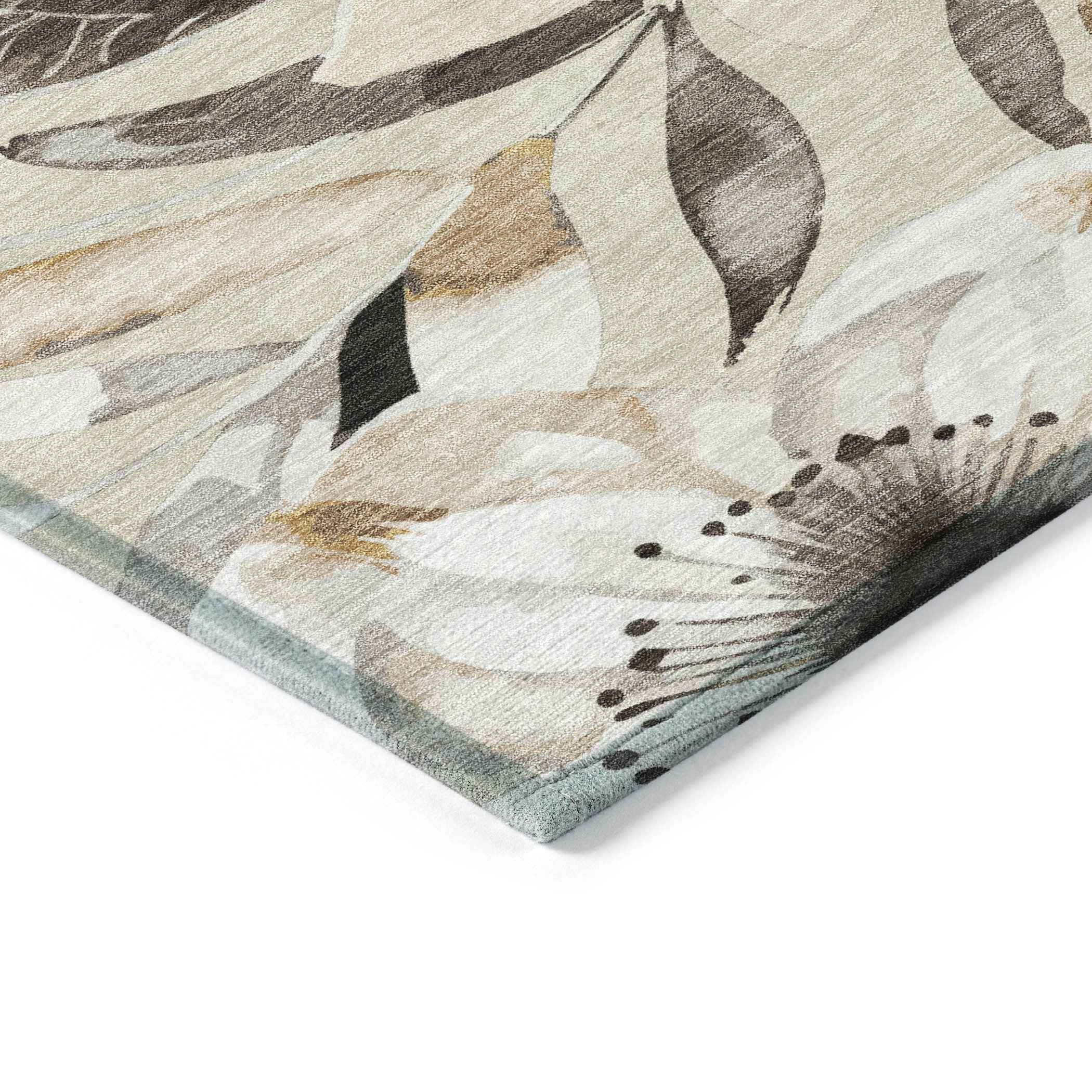 10' X 14' Beige Ivory And Gray Floral Washable Indoor Outdoor Area Rug