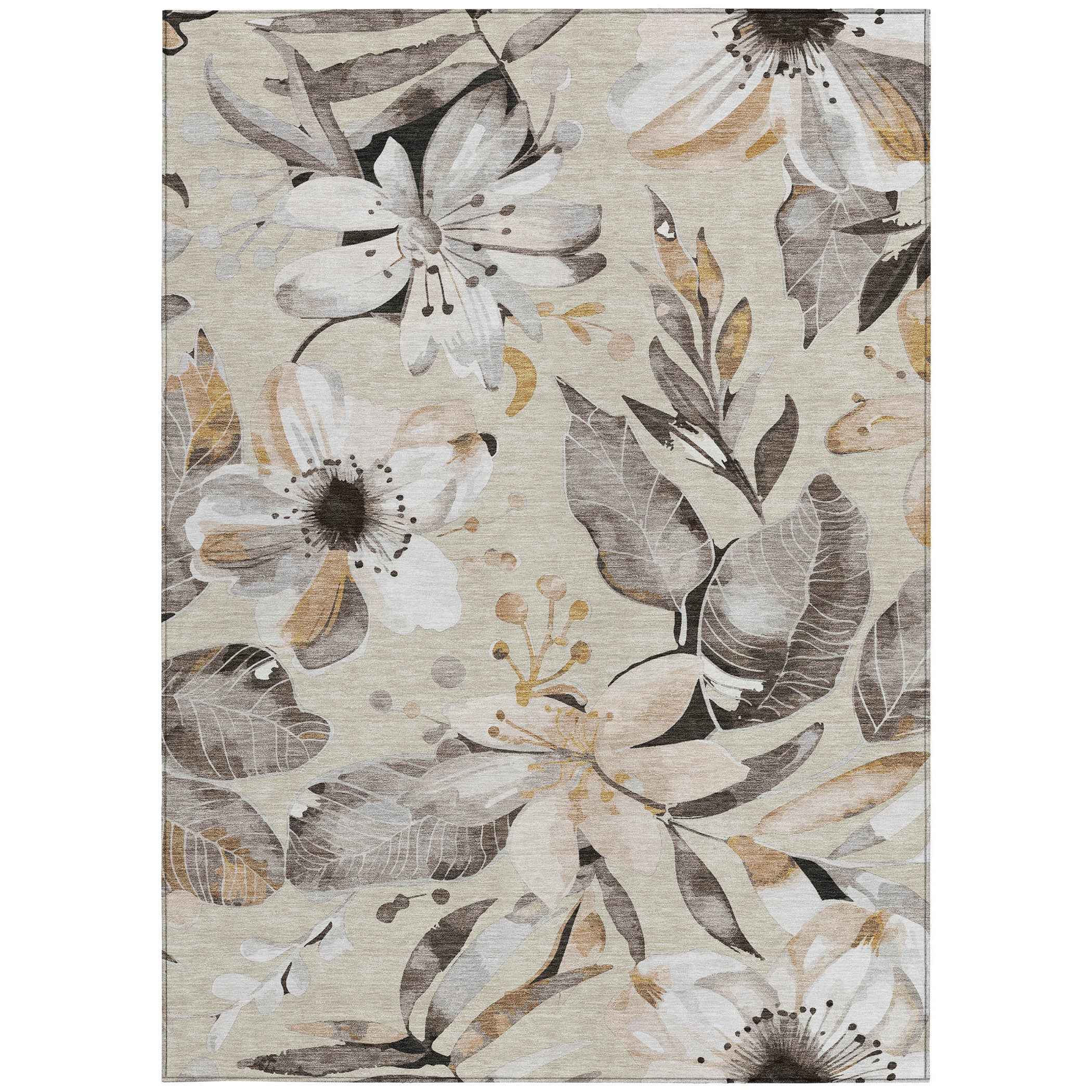 10' X 14' Beige Ivory And Gray Floral Washable Indoor Outdoor Area Rug