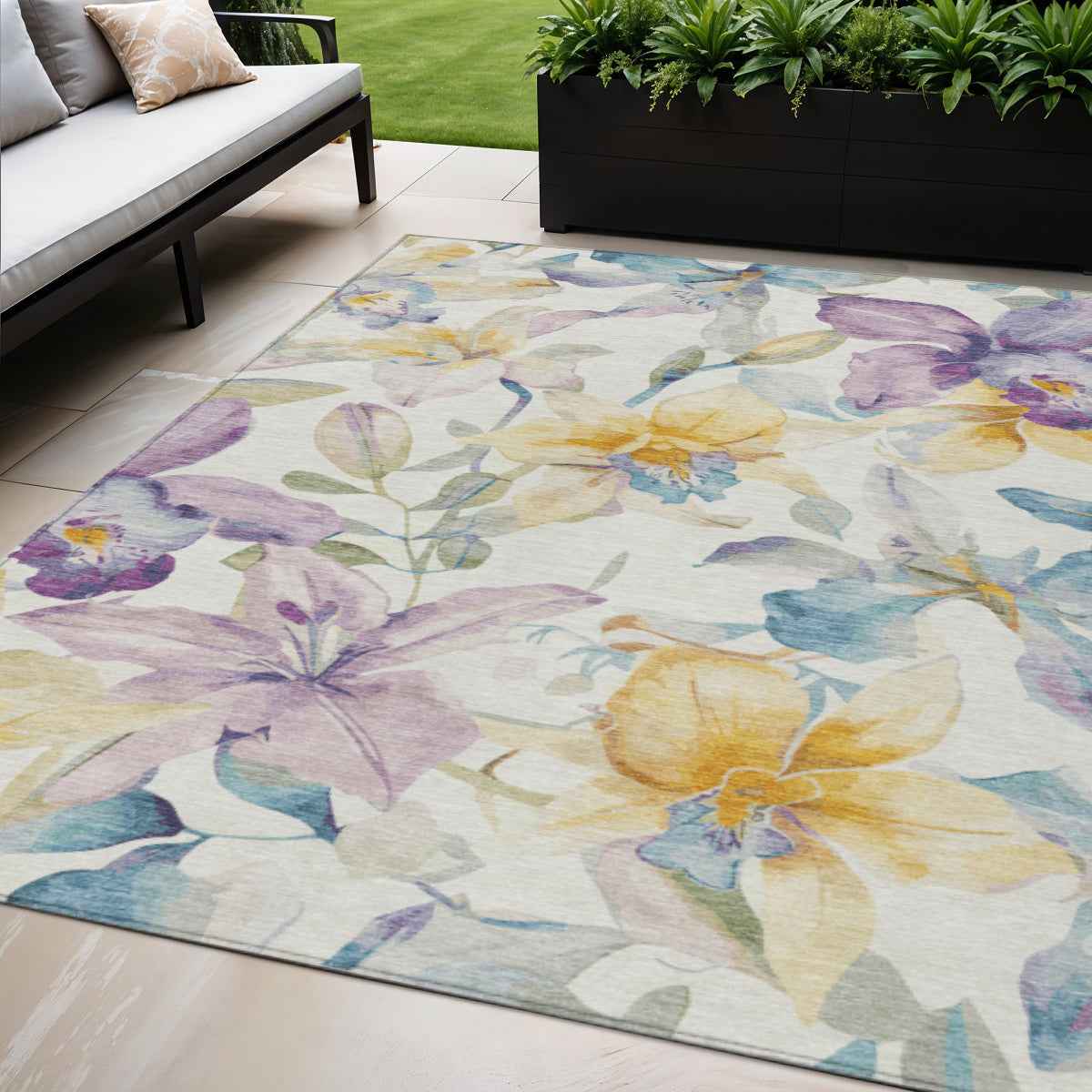 5' X 8' Ivory Gold And Lavender Floral Washable Indoor Outdoor Area Rug