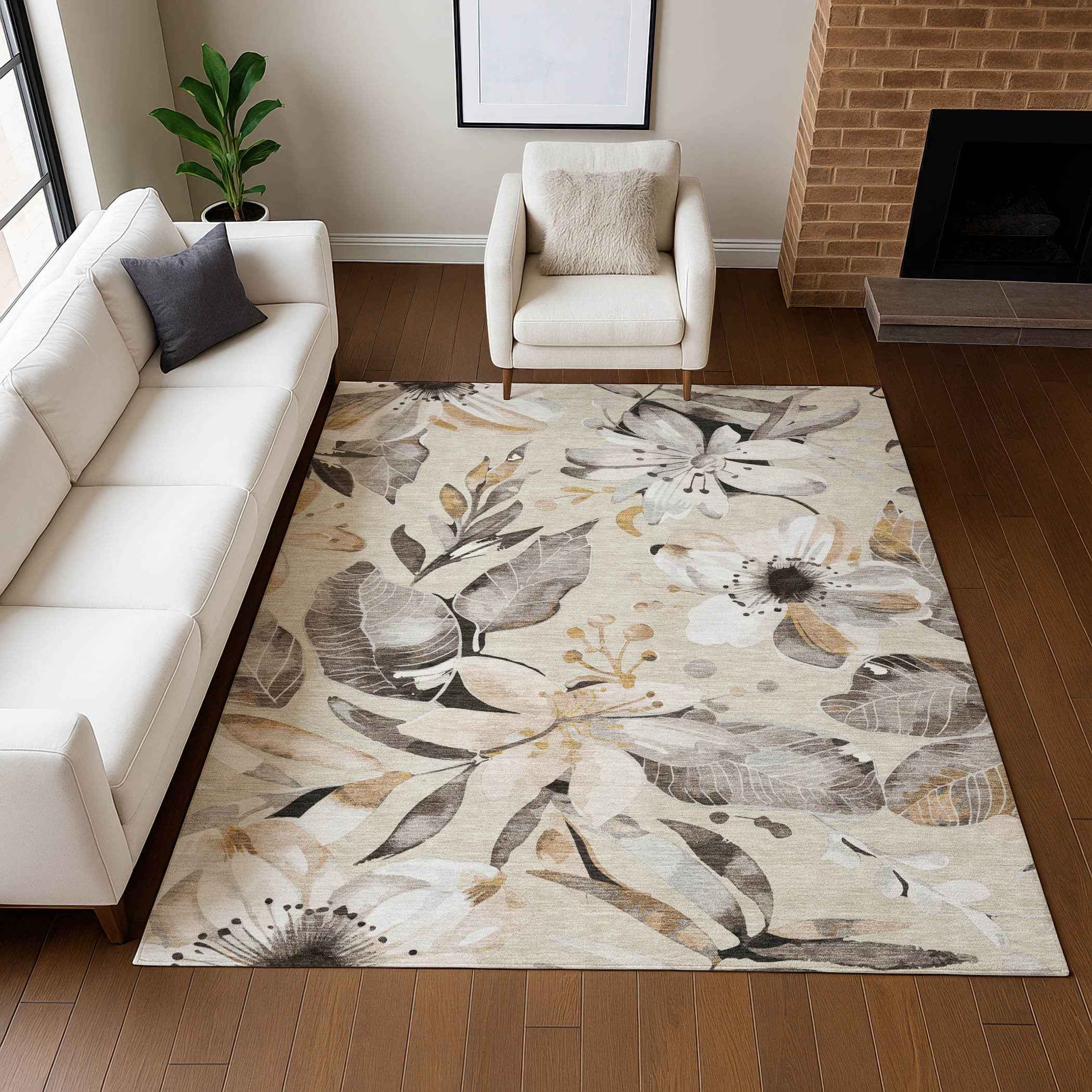 10' X 14' Beige Ivory And Gray Floral Washable Indoor Outdoor Area Rug