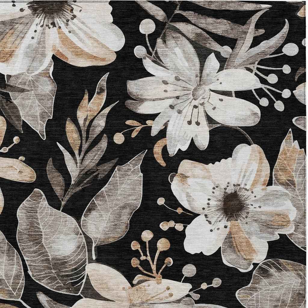 9' X 12' Black Ivory And Gold Floral Washable Indoor Outdoor Area Rug