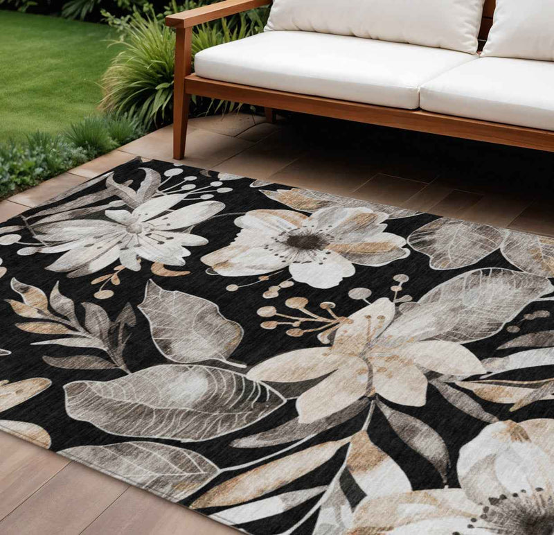 9' X 12' Black Ivory And Gold Floral Washable Indoor Outdoor Area Rug