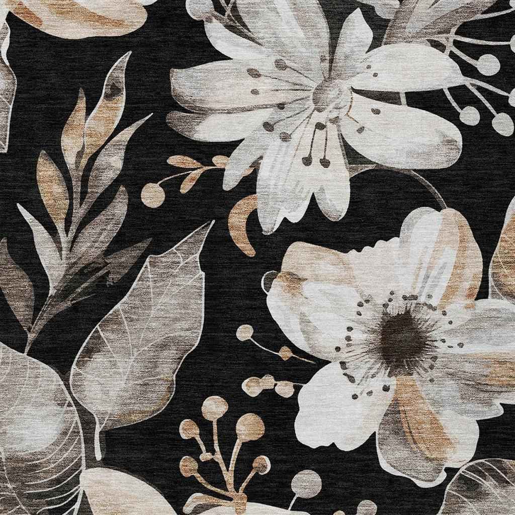 9' X 12' Black Ivory And Gold Floral Washable Indoor Outdoor Area Rug