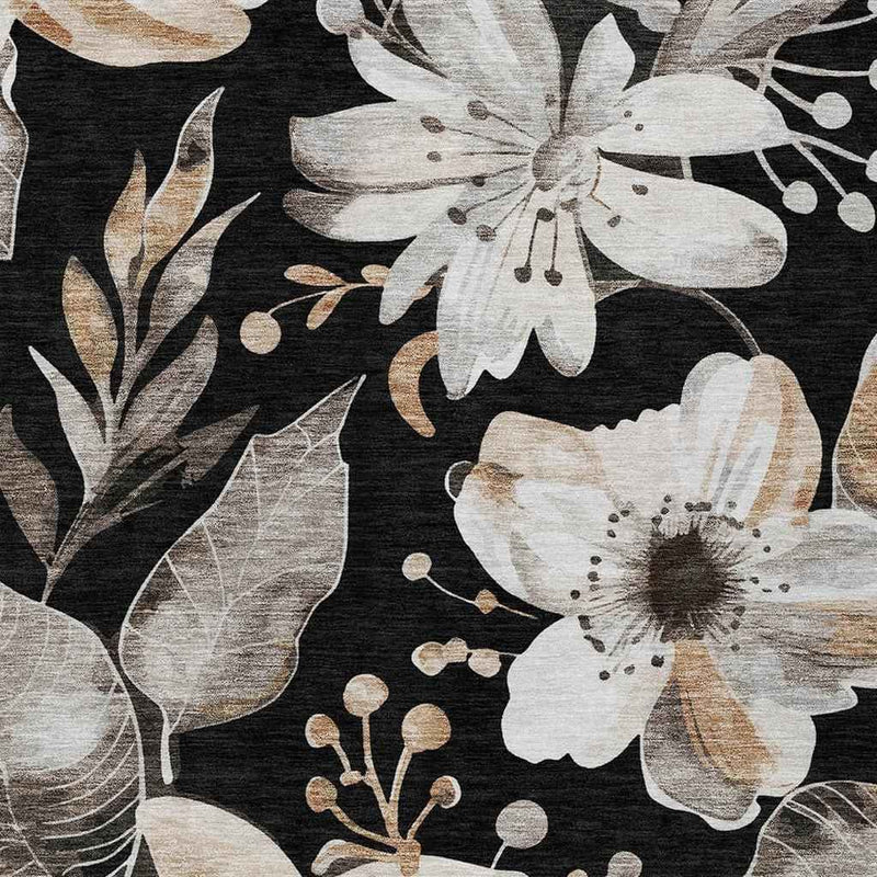 9' X 12' Black Ivory And Gold Floral Washable Indoor Outdoor Area Rug