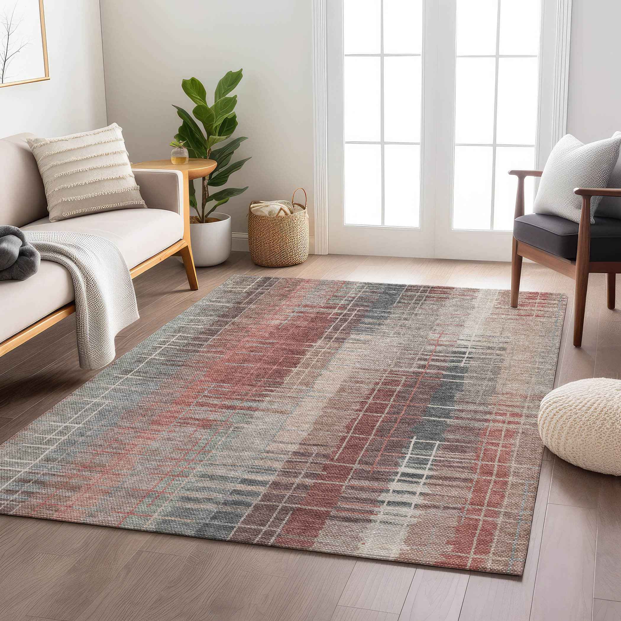 9' X 12' Rust Ivory And Gray Striped Washable Indoor Outdoor Area Rug