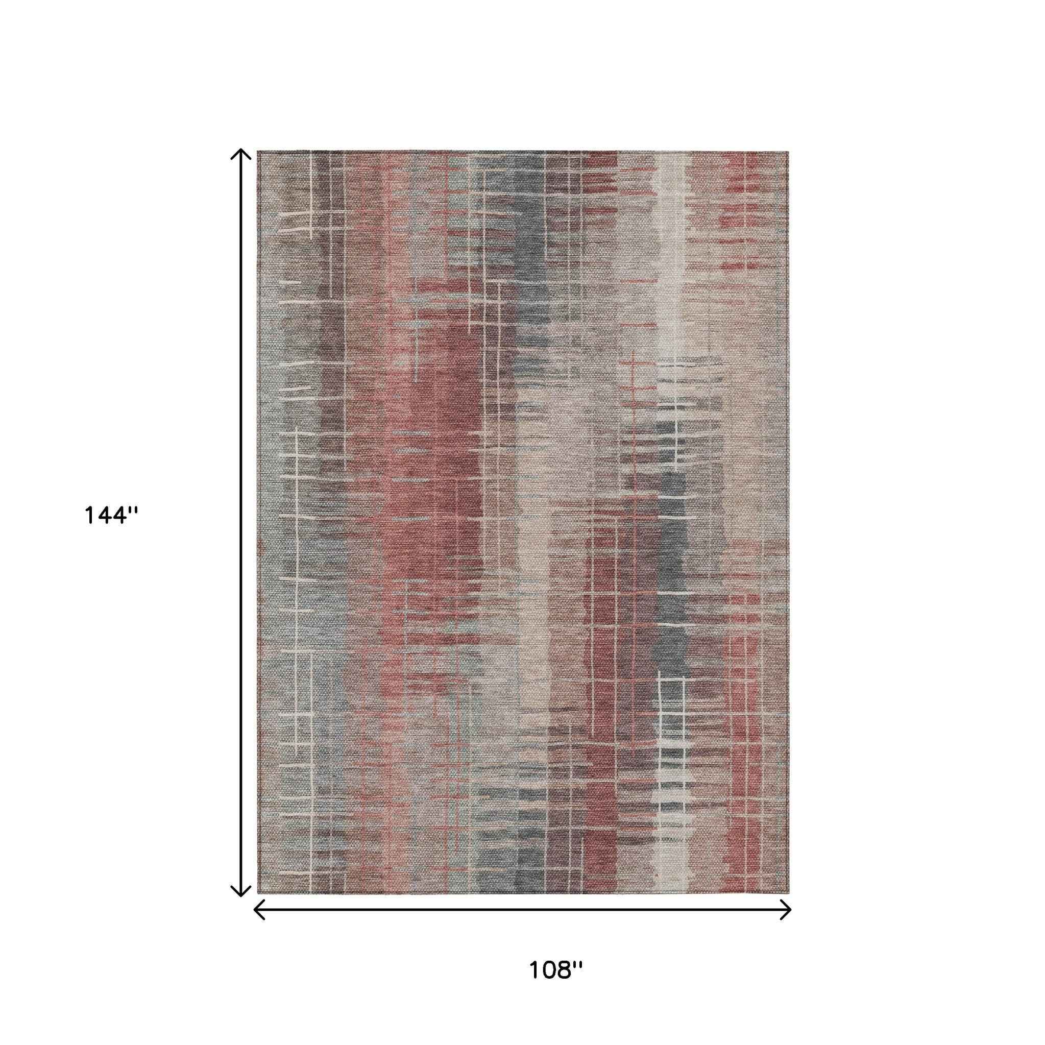 9' X 12' Rust Ivory And Gray Striped Washable Indoor Outdoor Area Rug