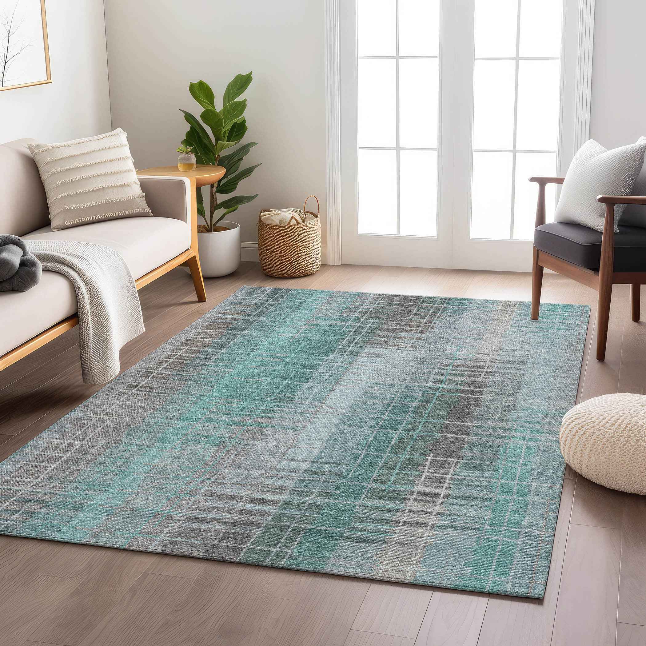 3' X 5' Pale Aqua And Gray Striped Washable Indoor Outdoor Area Rug