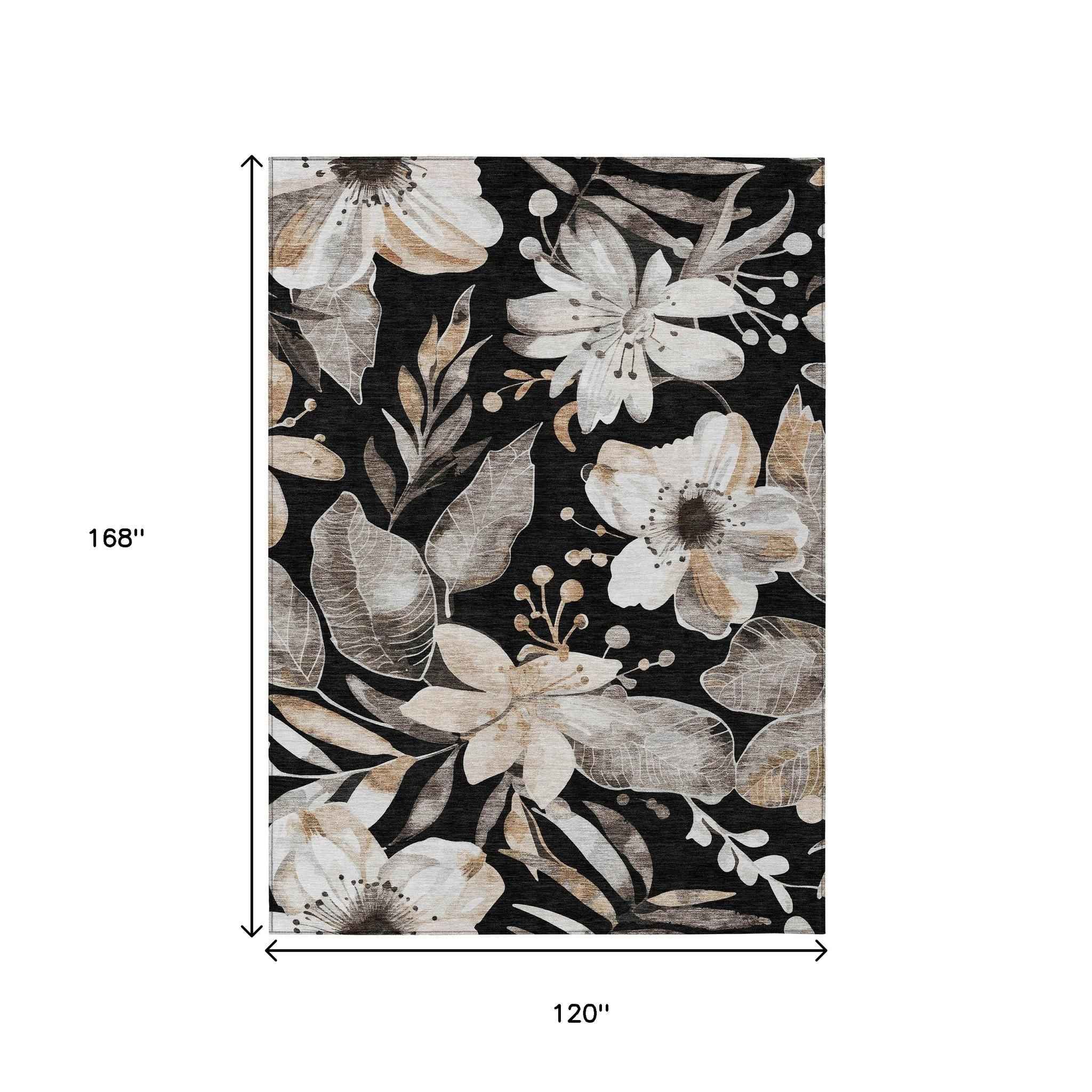 10' X 14' Black Ivory And Gold Floral Washable Indoor Outdoor Area Rug