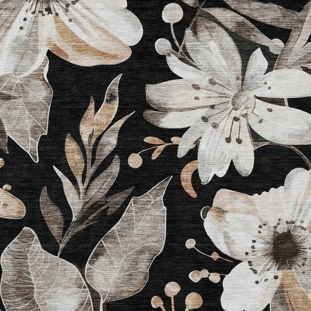 10' X 14' Black Ivory And Gold Floral Washable Indoor Outdoor Area Rug