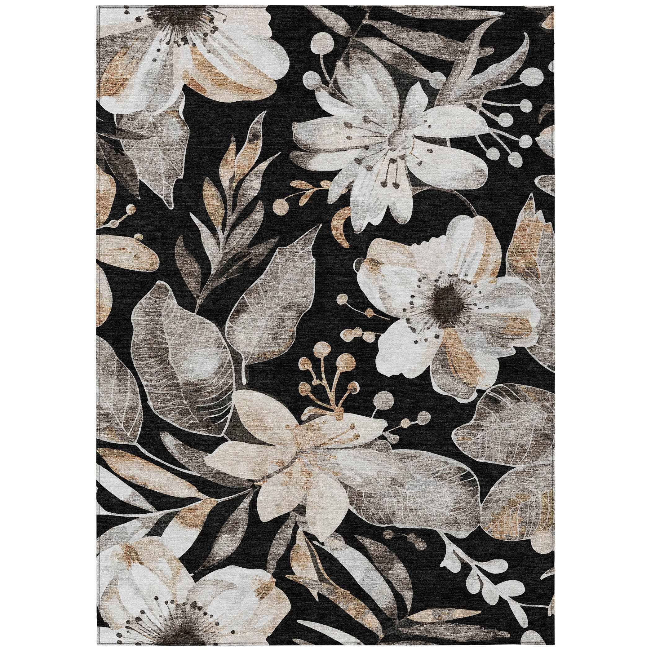 10' X 14' Black Ivory And Gold Floral Washable Indoor Outdoor Area Rug