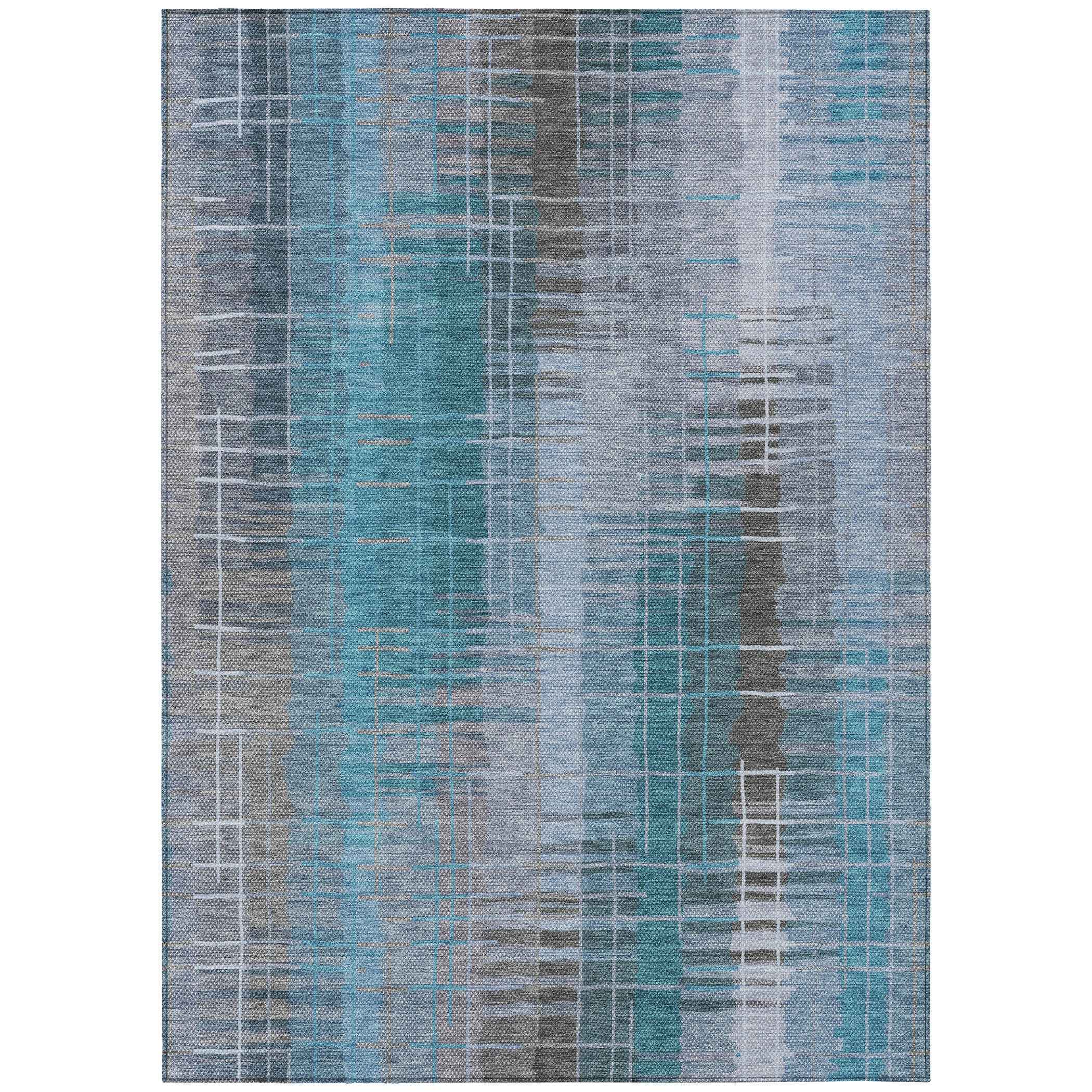 3' X 5' Teal Blue And Gray Striped Washable Indoor Outdoor Area Rug