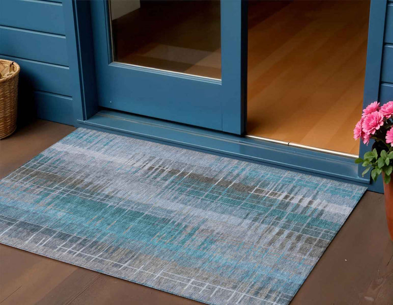 3' X 5' Teal Blue And Gray Striped Washable Indoor Outdoor Area Rug