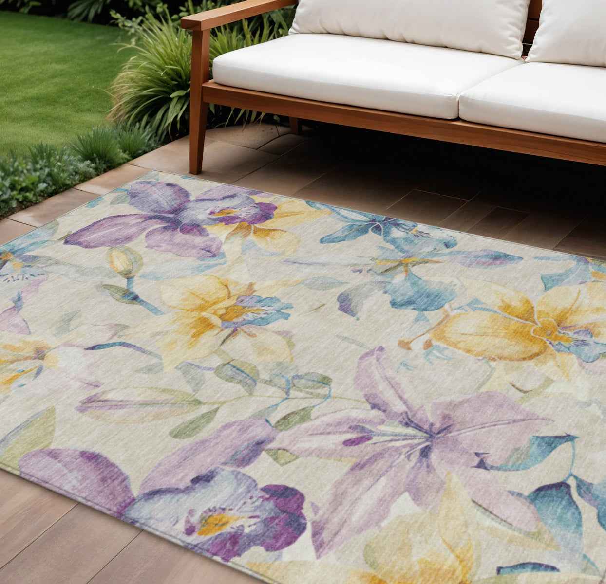 9' X 12' Ivory Gold And Lavender Floral Washable Indoor Outdoor Area Rug
