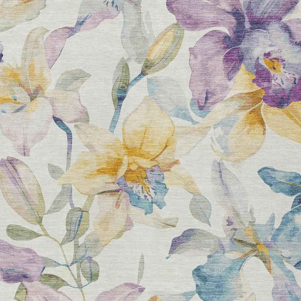 9' X 12' Ivory Gold And Lavender Floral Washable Indoor Outdoor Area Rug