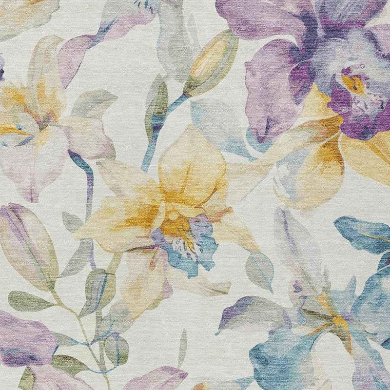 9' X 12' Ivory Gold And Lavender Floral Washable Indoor Outdoor Area Rug