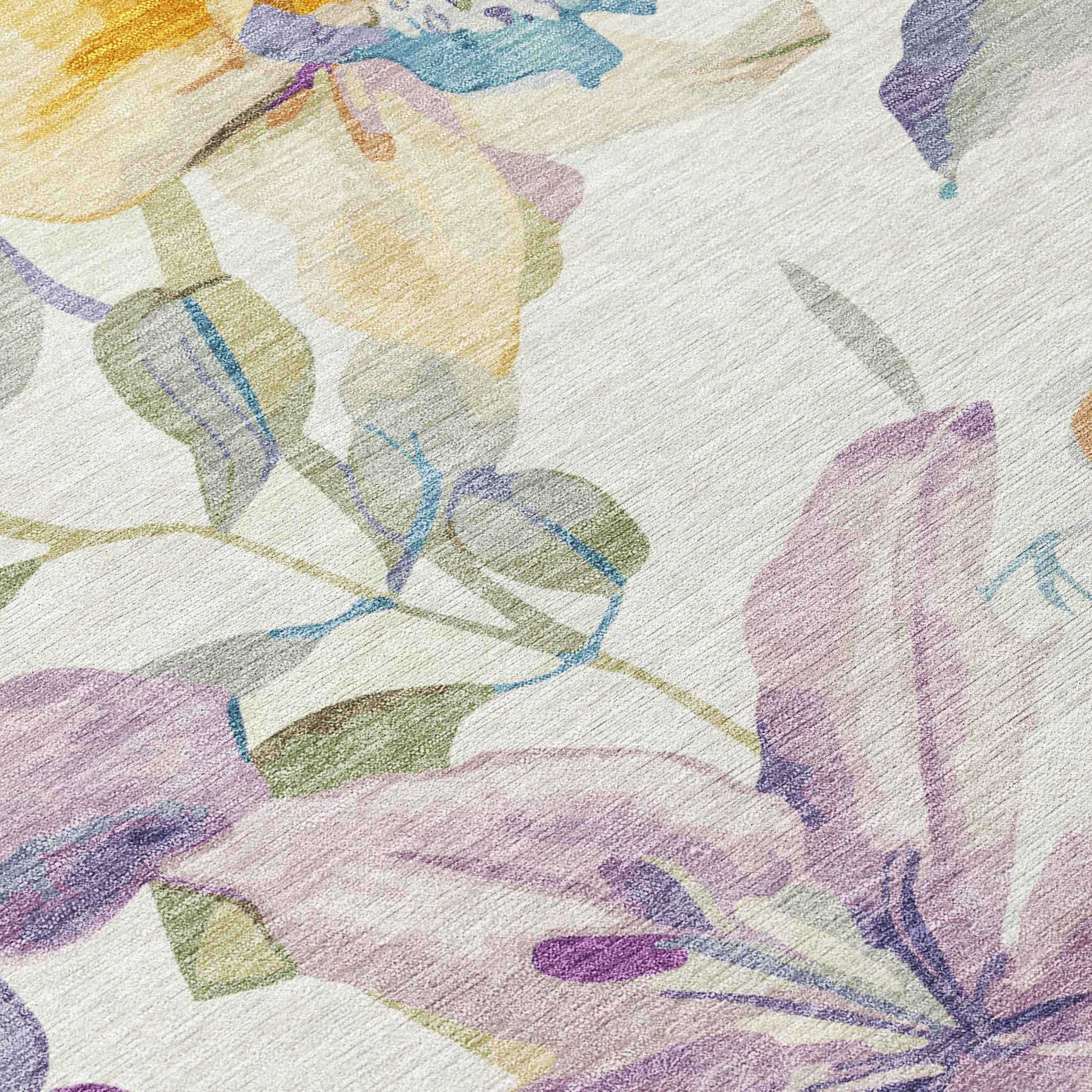 9' X 12' Ivory Gold And Lavender Floral Washable Indoor Outdoor Area Rug