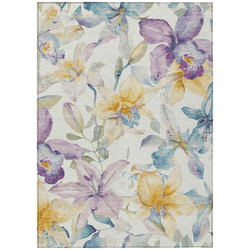 9' X 12' Ivory Gold And Lavender Floral Washable Indoor Outdoor Area Rug