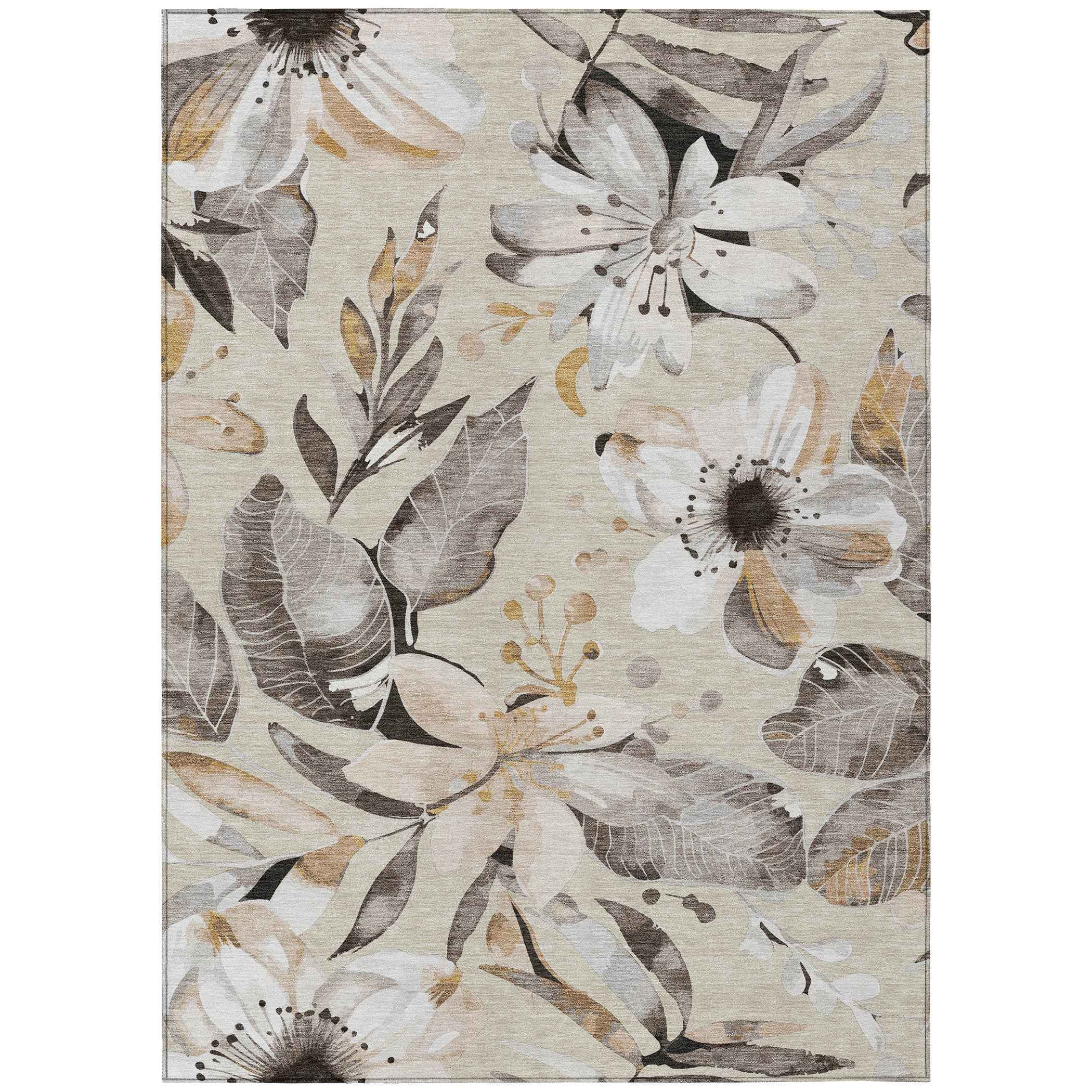 9' X 12' Beige Ivory And Gray Floral Washable Indoor Outdoor Area Rug