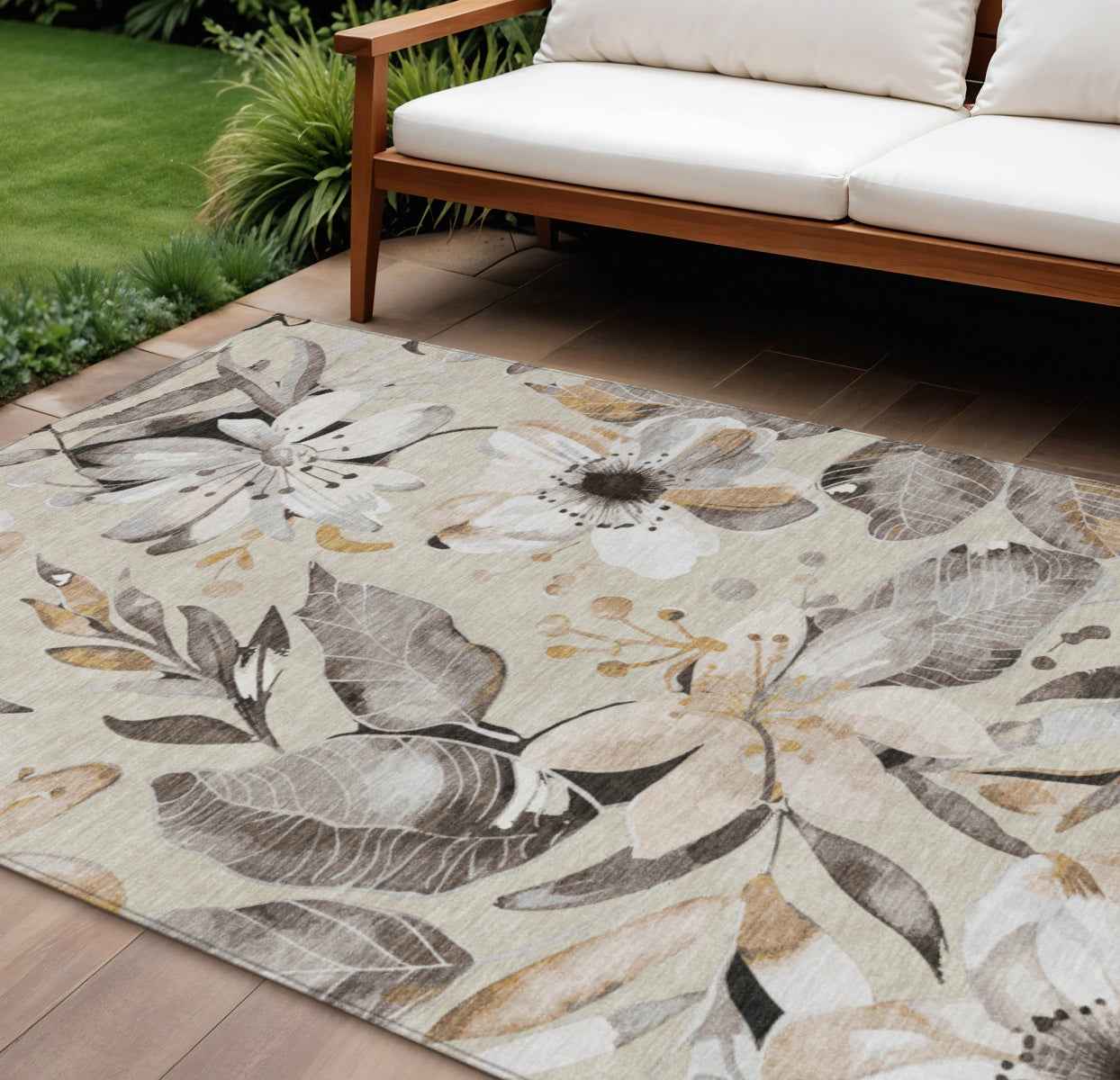 9' X 12' Beige Ivory And Gray Floral Washable Indoor Outdoor Area Rug
