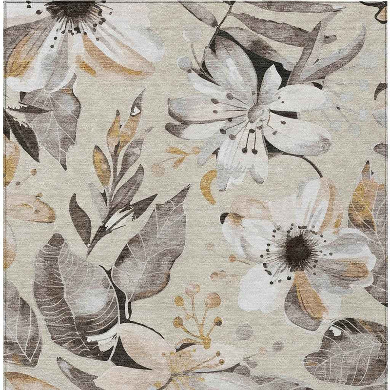 9' X 12' Beige Ivory And Gray Floral Washable Indoor Outdoor Area Rug
