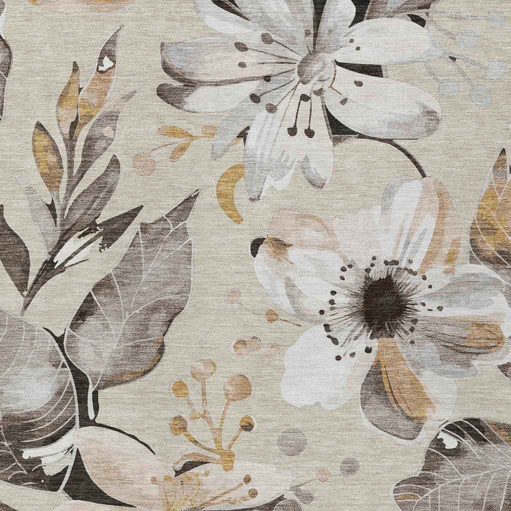 9' X 12' Beige Ivory And Gray Floral Washable Indoor Outdoor Area Rug